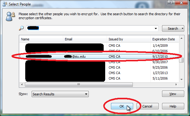 Select the person that you would like to add to the encryption list, and then click OK.